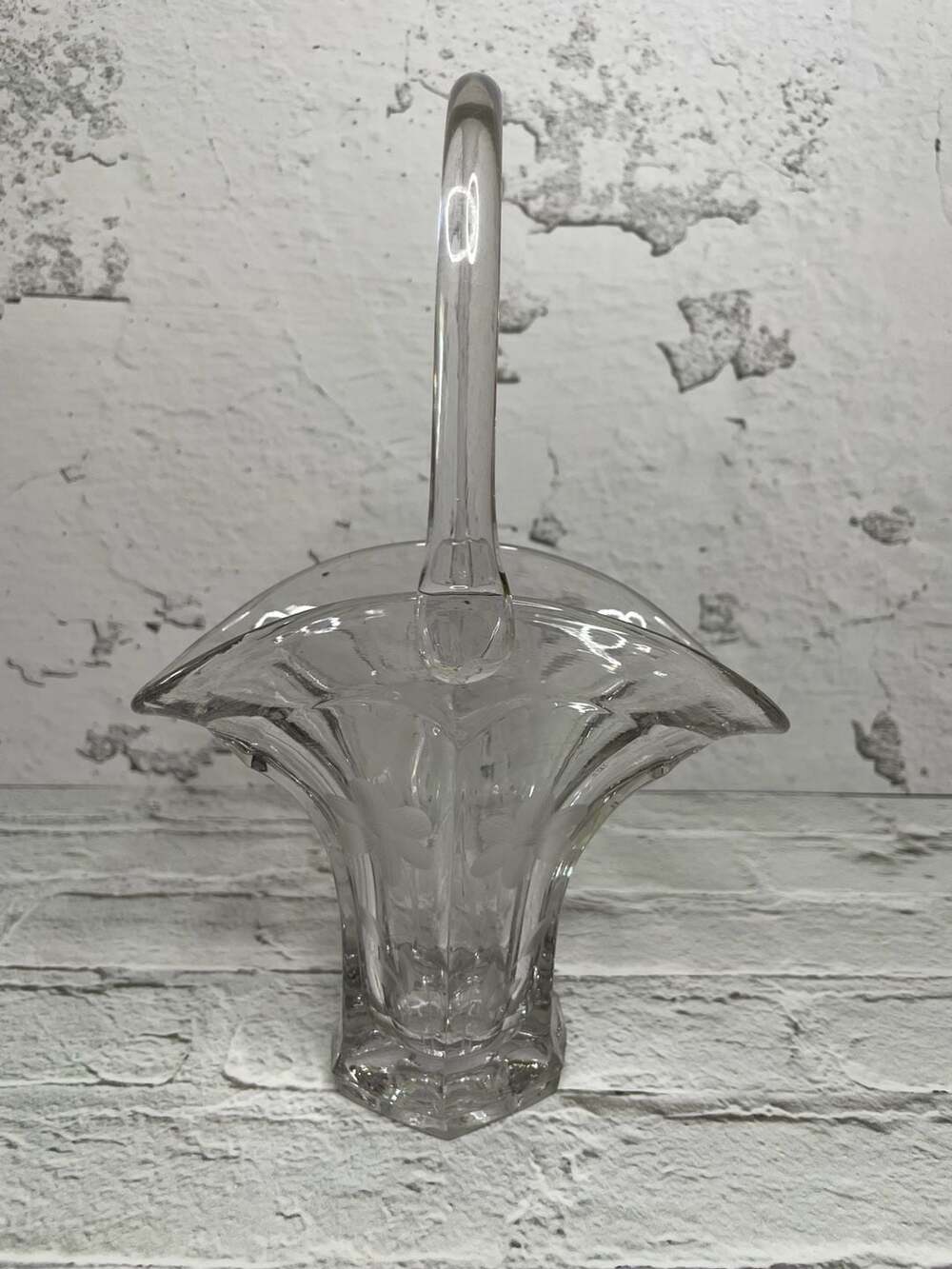 Vintage Clear Etched Glass Handled Flower Basket Vase